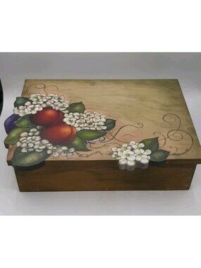 Vintage Folk Art Box Hand Painted Floral Fruit Wooden Tole Painted Keepsake Box
